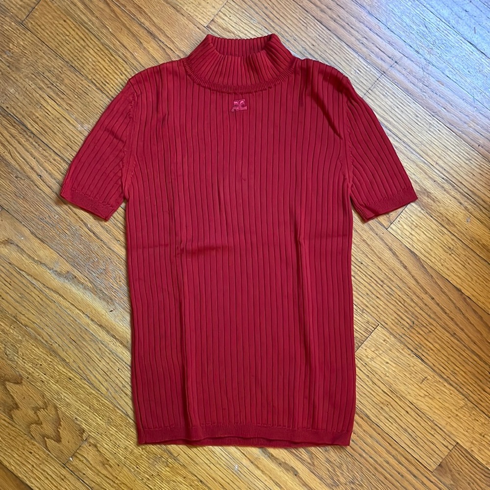 VTG Courreges ribbed logo mock neck top